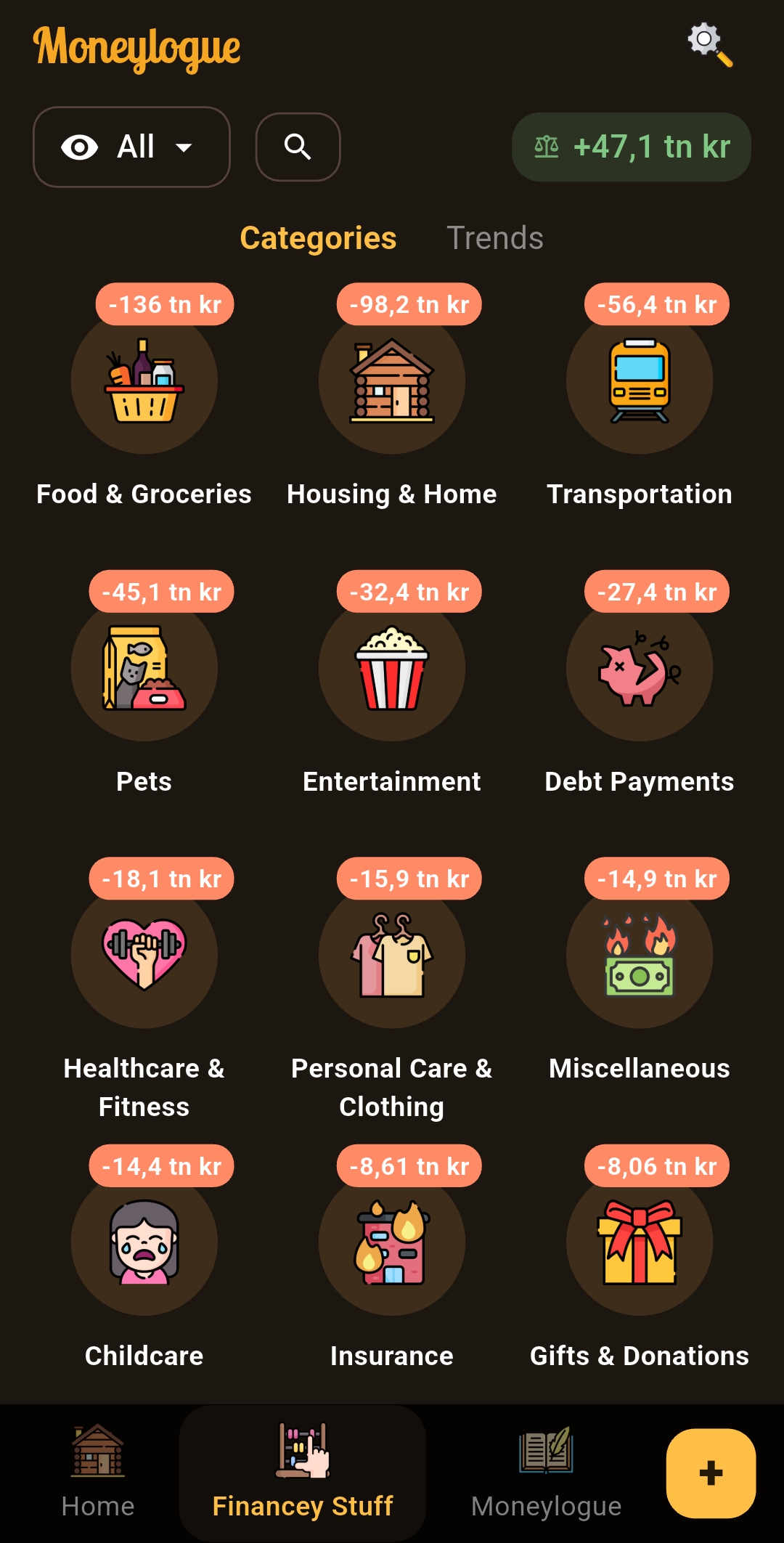 Moneylogue categories screen